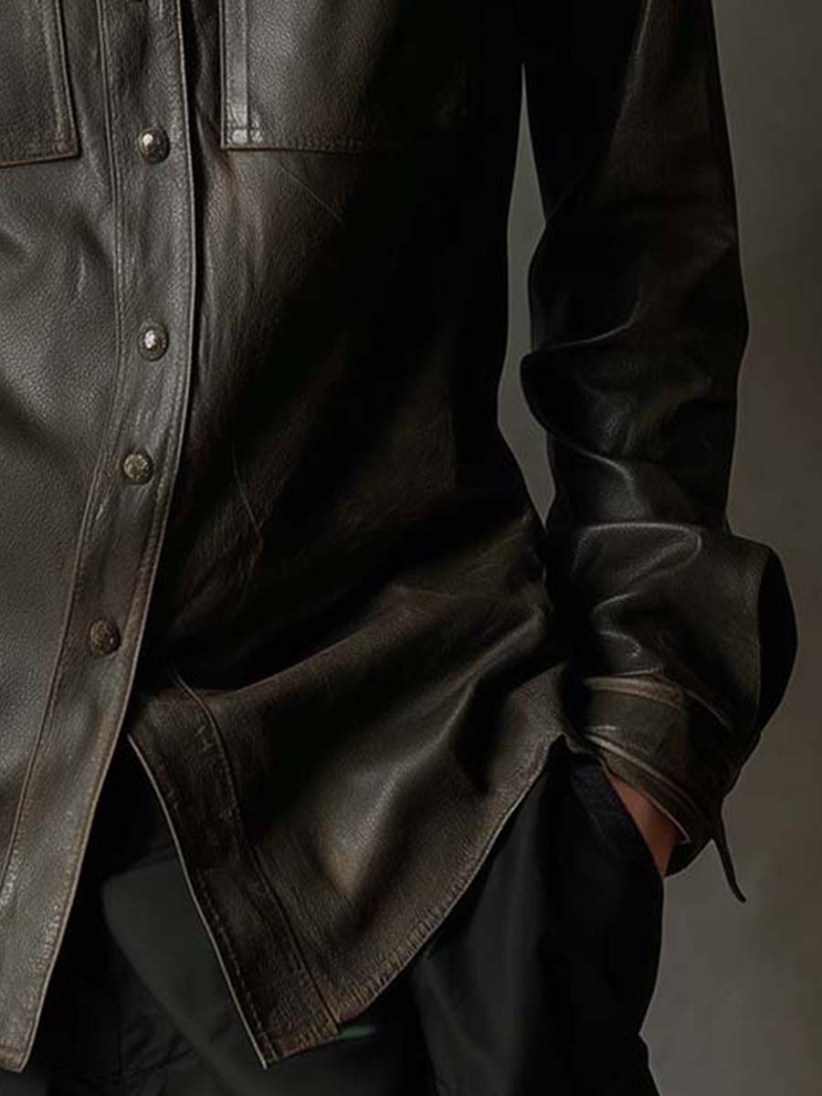 Dark Olive PU Leather Utility Shirt