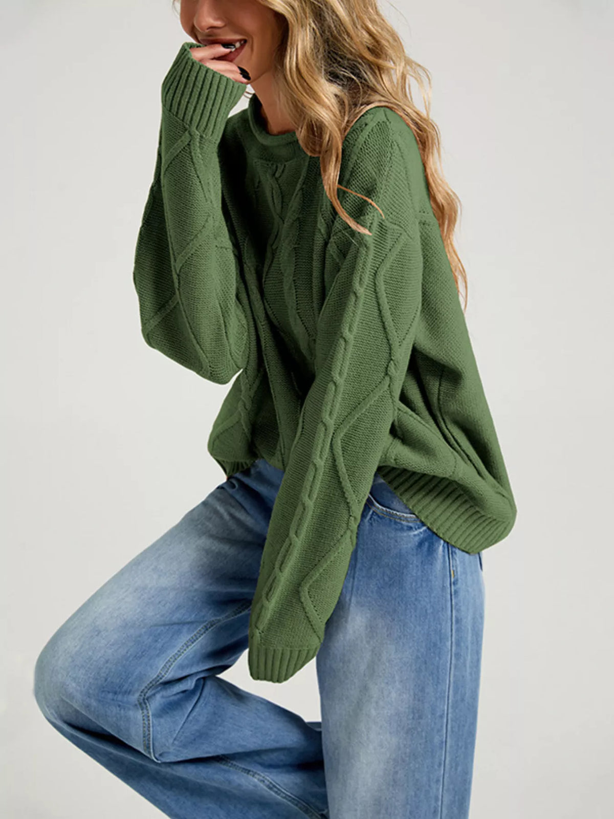 Crew Neck Long Sleeve Cable Knit Side Slit Oversized Sweater 5