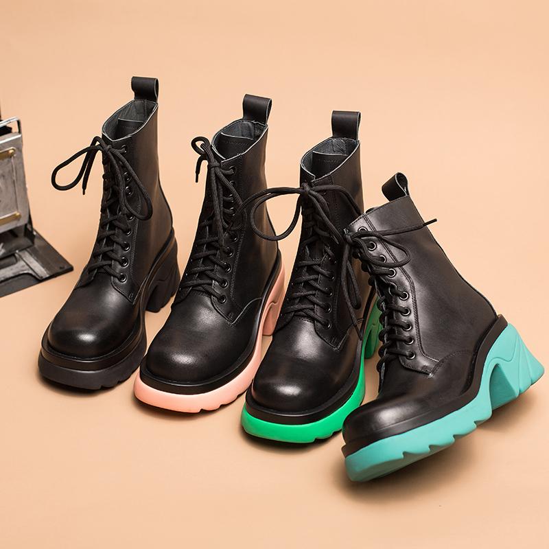 Colorful Sole Leather Boots Designer Retro Chunky Riding Boots High Heel Handmade