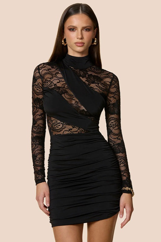 Sheer Lace Panel Mock Neck Sleeve Fit Lace Dress