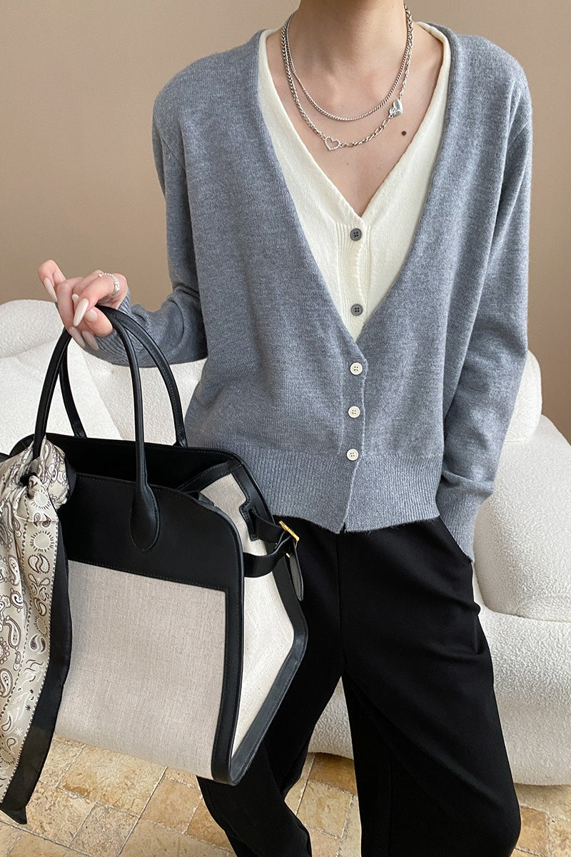 V-Neck Long Sleeve Two Tone Layered Look Button Front Knit Cardigan 17