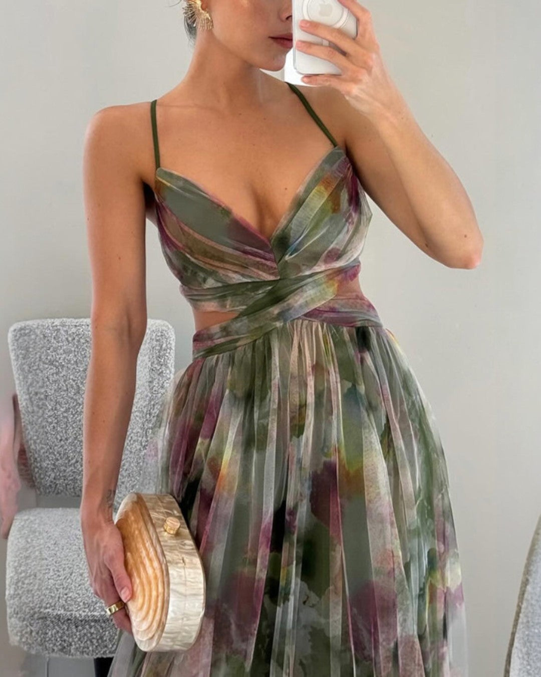 Floral Print Chiffon Deep V-Neck Ruched Waist A-Line Maxi Dress