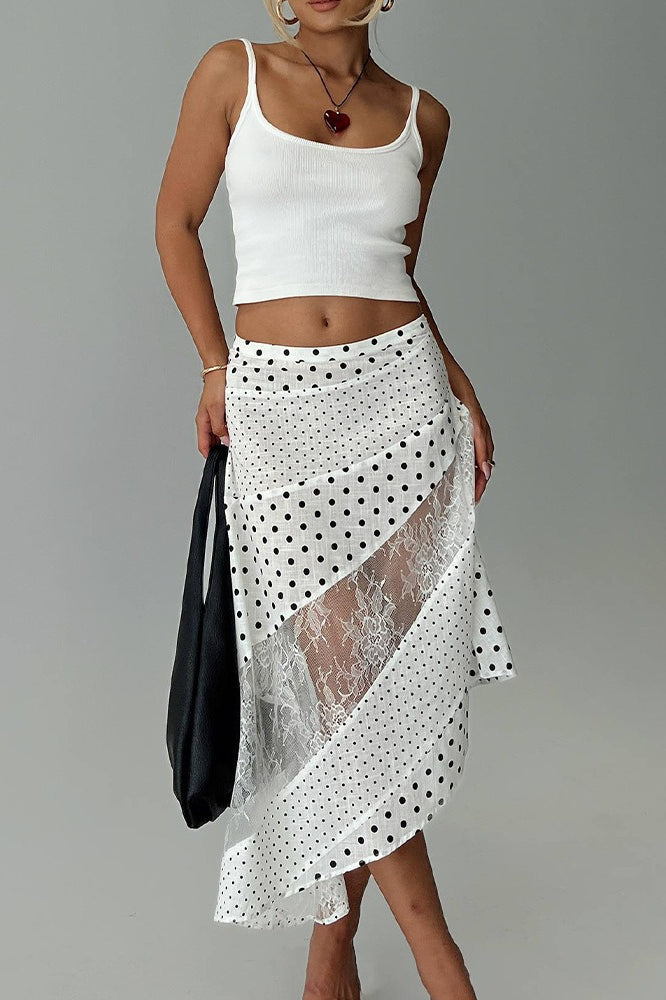 Polka Dot Sheer Lace Panel Asymmetric Ruffle Hem Midi Skirt