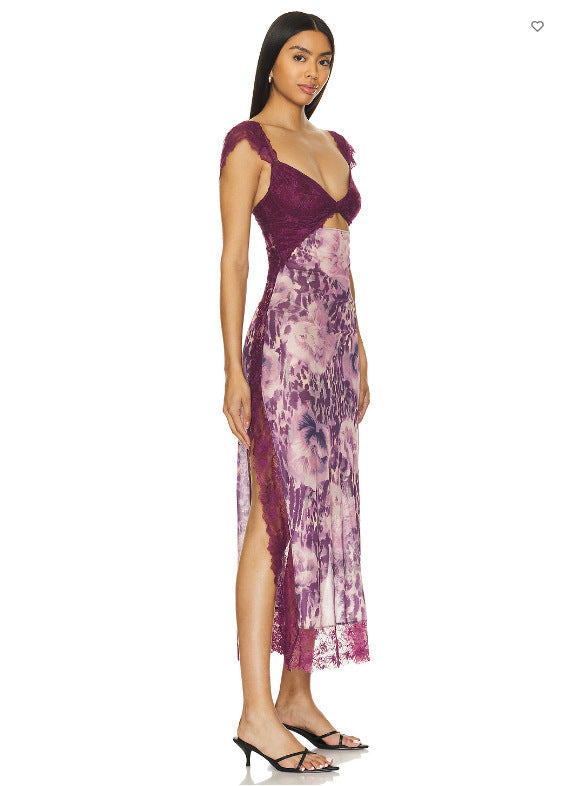 Floral Lace Trim Cut Out Slip Midi Dress 47