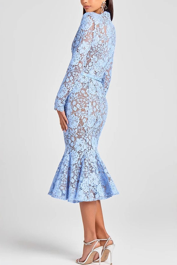Sheer Hollow Out Belted Mermaid Lace Dress 5