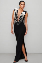 Avra Pearl Beaded Chain 3D Floral Maxi Dress