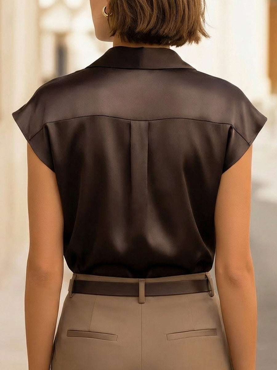 Cap Sleeve Collared Button Front Satin Blouse