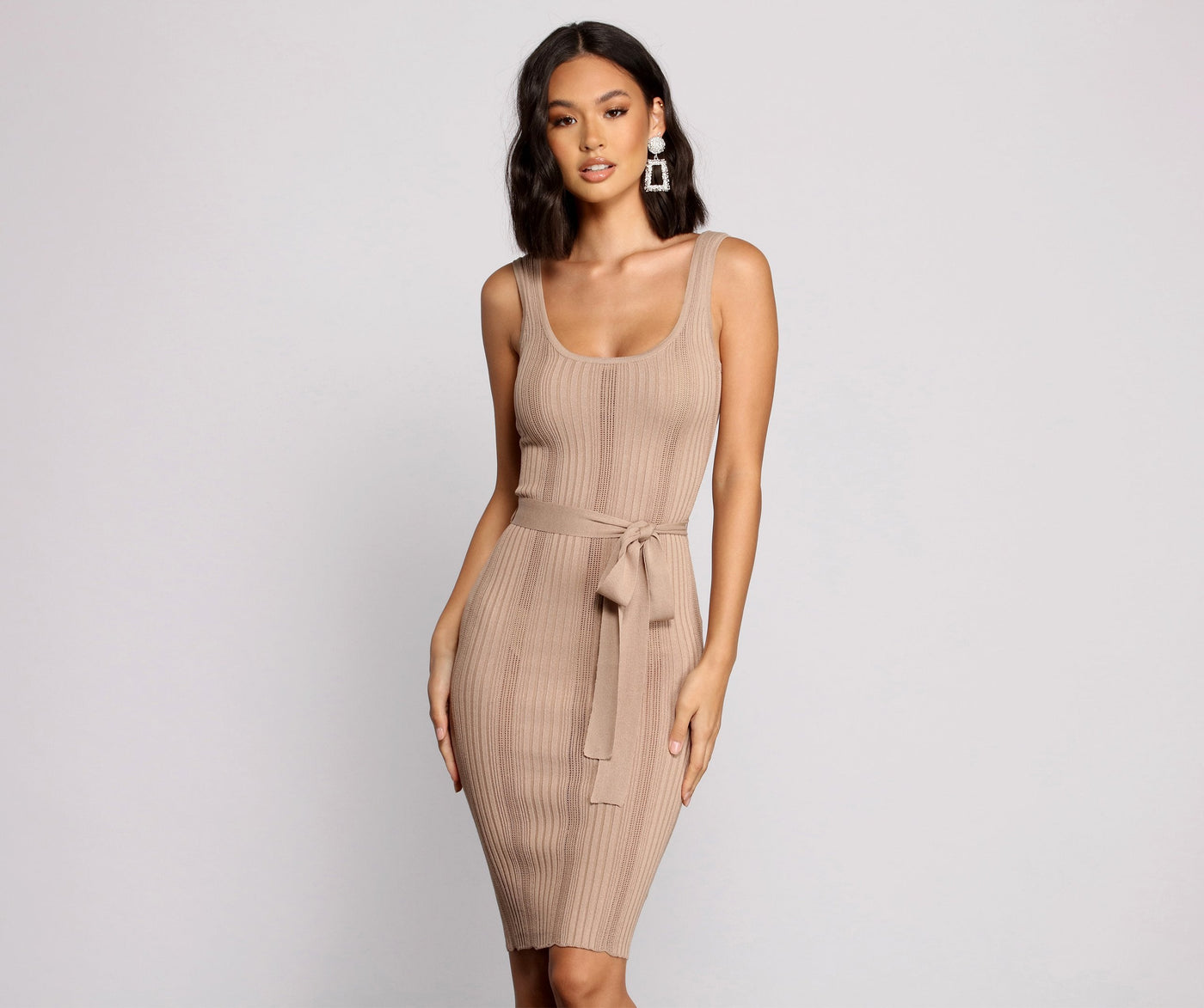 Slay In Style Ribbed Graceful Scoop Neck Midi Dress Taupe / Xs Sweaters-L