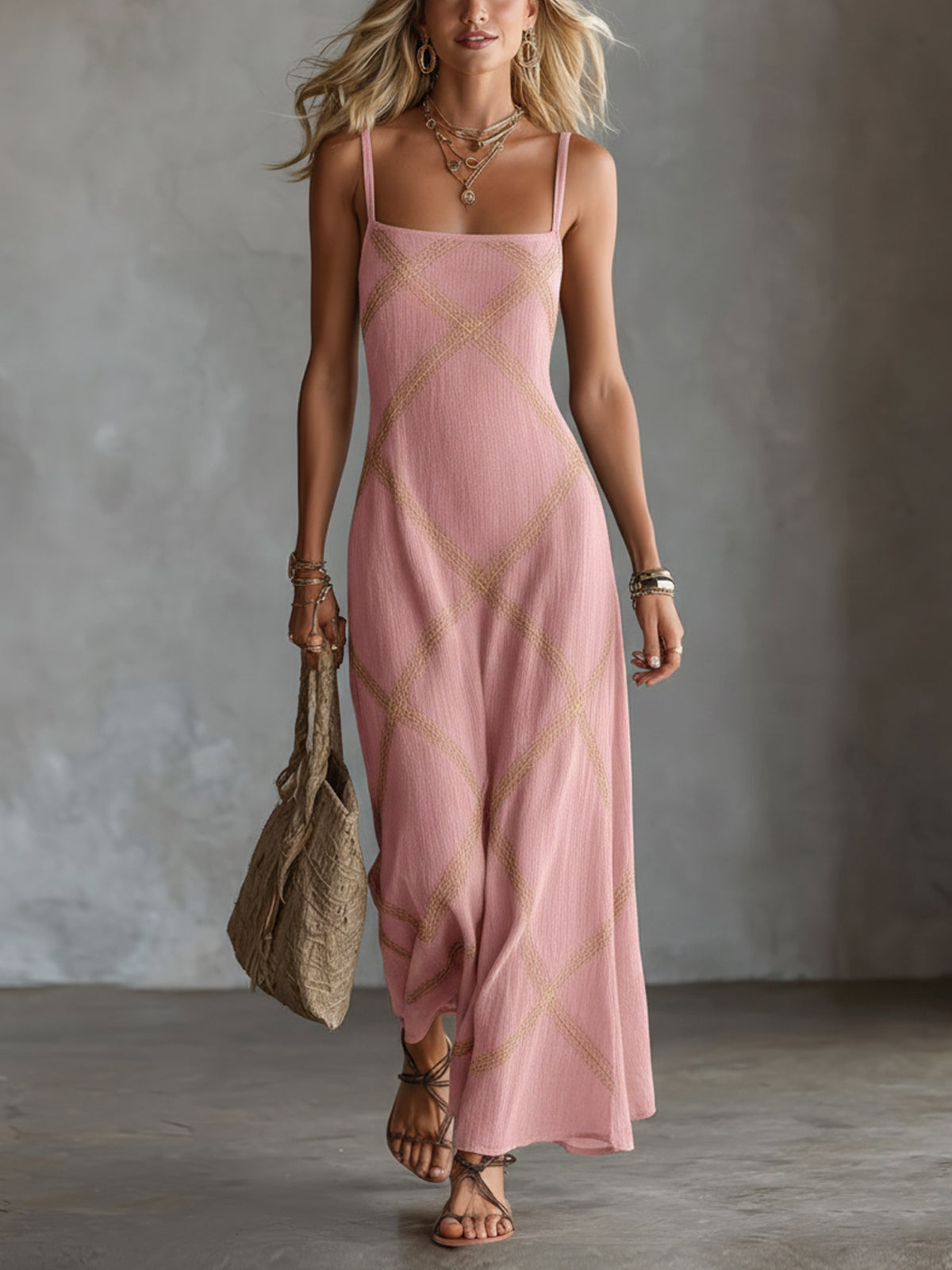Diamond Embroidered Square Neck Slip Maxi Dress