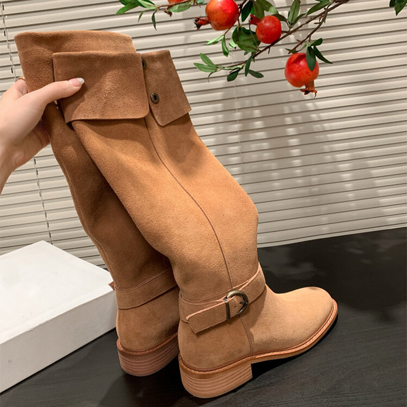 Womens Suede Leather Knee High Boots 75mm Block Heel In Black/Apricot