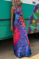 La Bamba Tie-dye Print Back Lace-up Stretch Maxi Dress - View 2