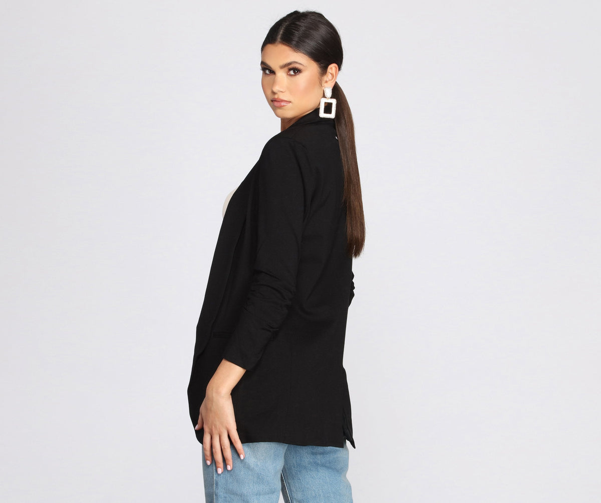 Shawl Collar Open Front Ruched Sleeve Longline Boyfriend Blazer 2