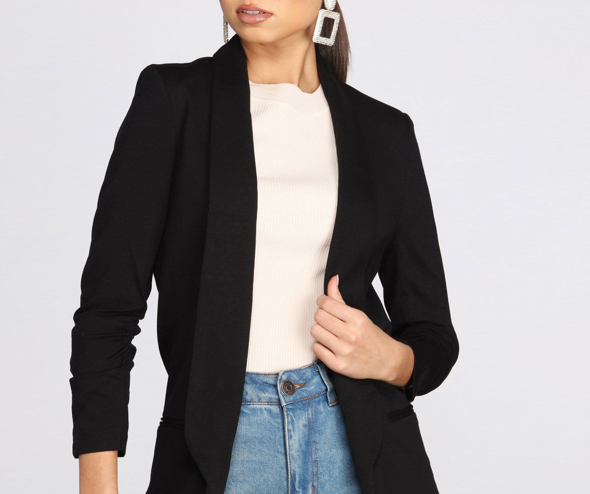 Shawl Collar Open Front Ruched Sleeve Longline Boyfriend Blazer 3