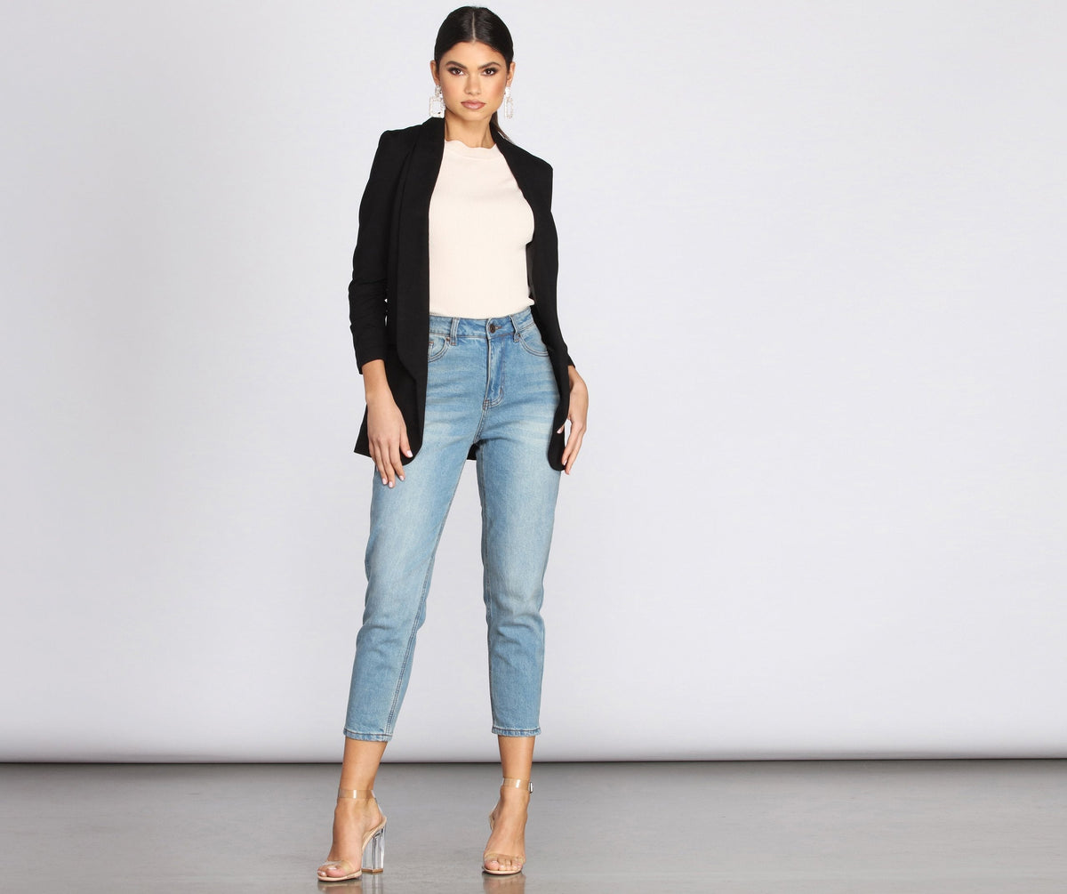 Shawl Collar Open Front Ruched Sleeve Longline Boyfriend Blazer 4