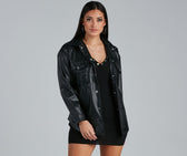 Sleek Trends Faux Leather Tie-Waist Shirt Jacket Black / S Casual Woven Jackets