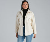 Sleek Trends Faux Leather Tie-Waist Shirt Jacket Ivory / S Casual Woven Jackets