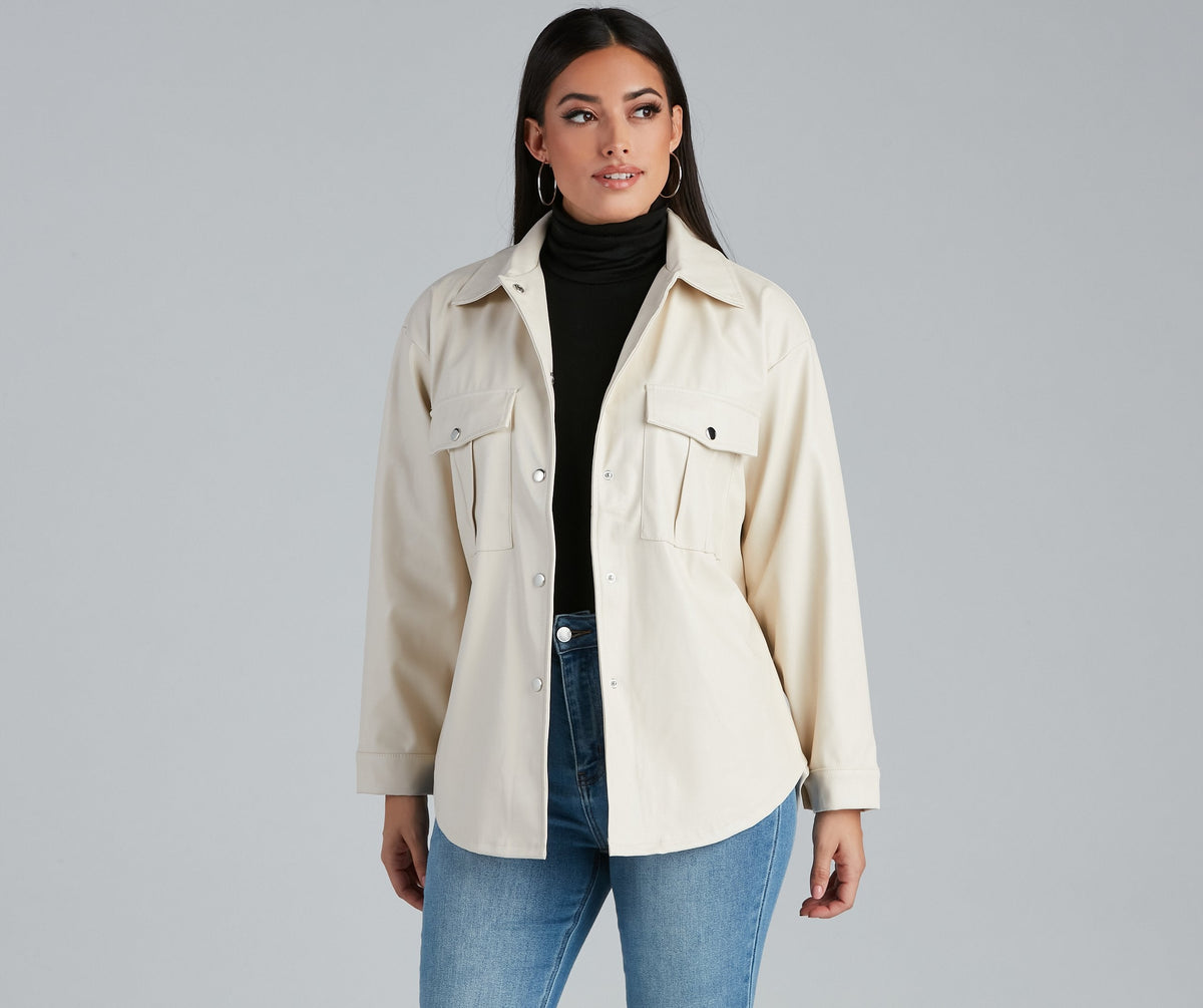 Faux Leather Snap Button Flap Pocket Oversized Shirt Jacket 5