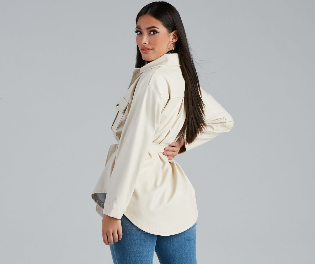 Faux Leather Snap Button Flap Pocket Oversized Shirt Jacket 7