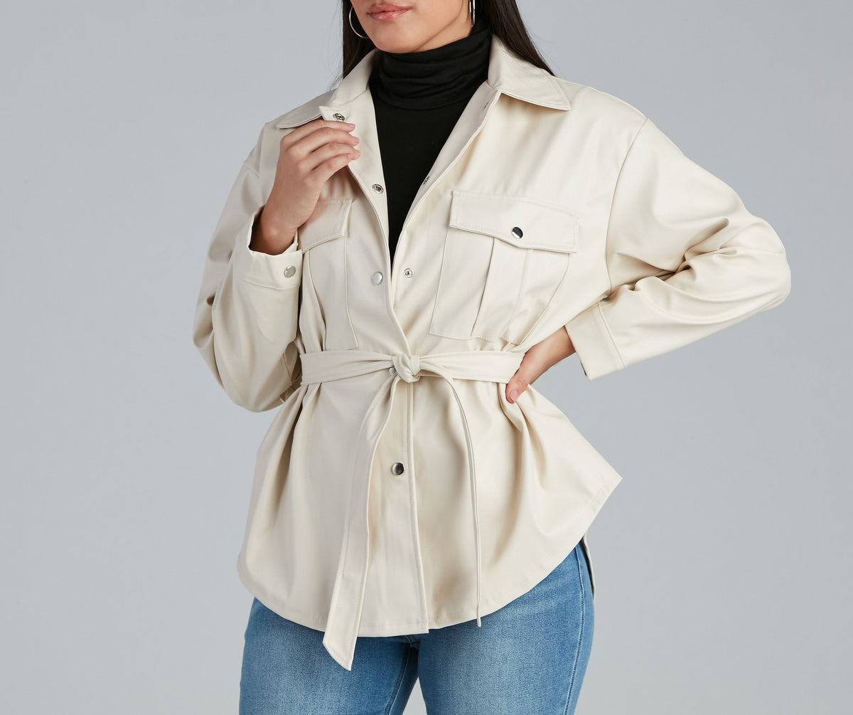 Faux Leather Snap Button Flap Pocket Oversized Shirt Jacket 8