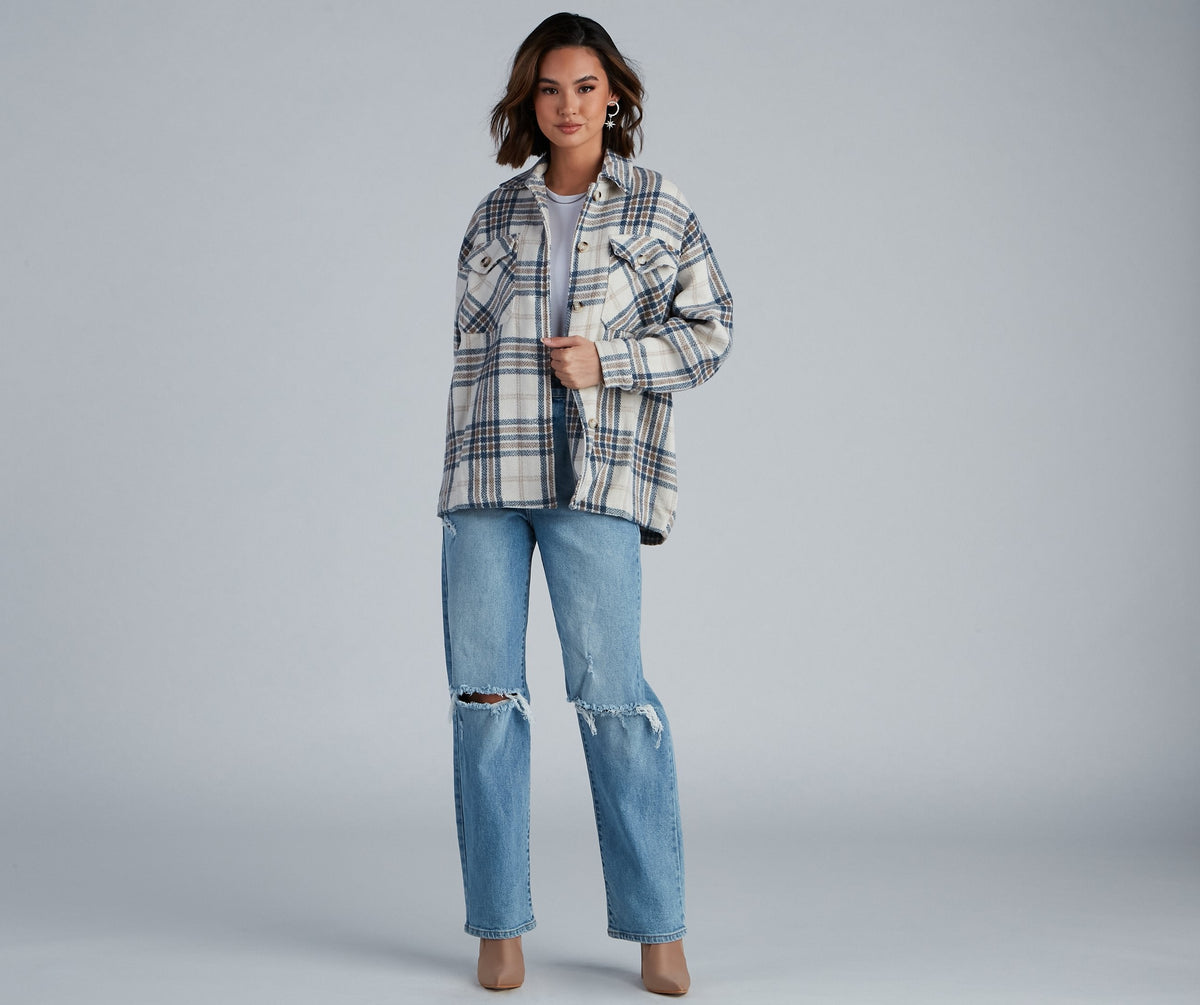 Plaid Oversized Button Front Flap Pocket Frayed Hem Shacket Jacket 3
