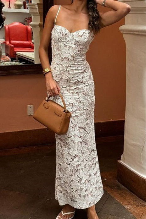 Floral Lace Spaghetti Strap Sweetheart Neck Bodycon Maxi Dress 4