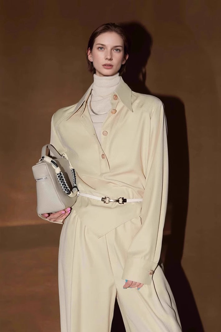 Collared Long Sleeve Shirt and Pleated Wide Leg Pants Two Piece Set 2