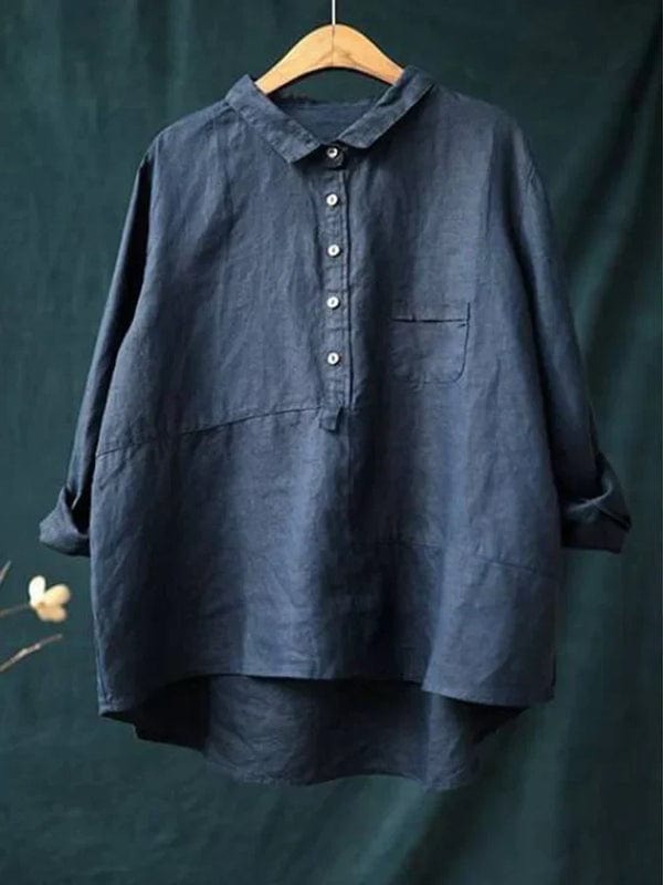 Collared Half Button Three Quarter Sleeve Linen Blouse