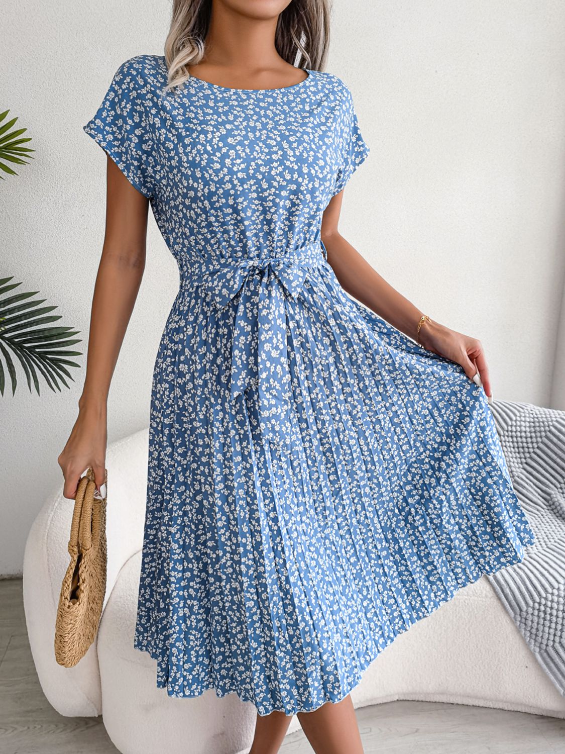 Ditsy Floral Pleated Belted Dress Sky Blue