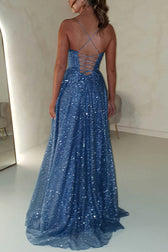 Cinderella Glitter Tulle Fabric Cowl Neck Back Lace-up Maxi Dress - View 13