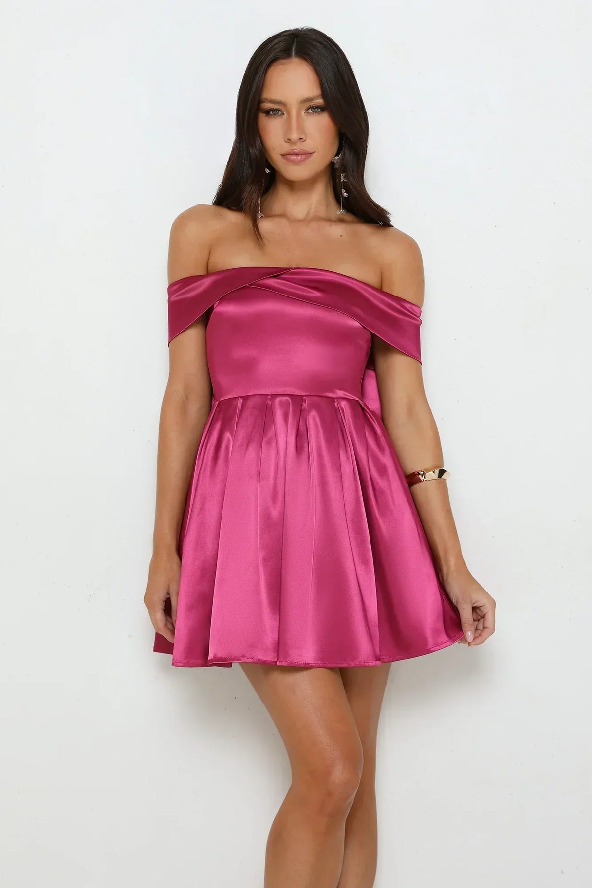 Satin Off Shoulder Twist Neckline Bow Back Fit and Flare Mini Dress 3
