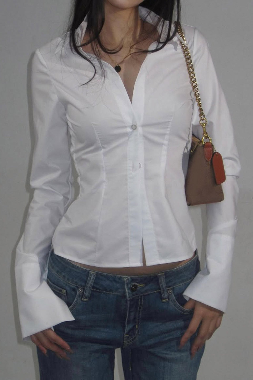 Collared Long Sleeve Wide Cuff Darted Waist Button Front Shirt