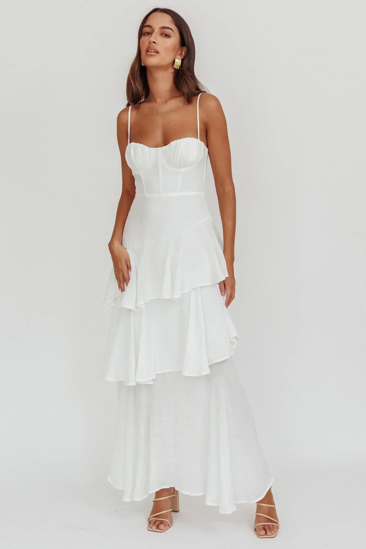 Bustier Sweetheart Cami Strap Asymmetric Tiered Ruffle Maxi Dress 6