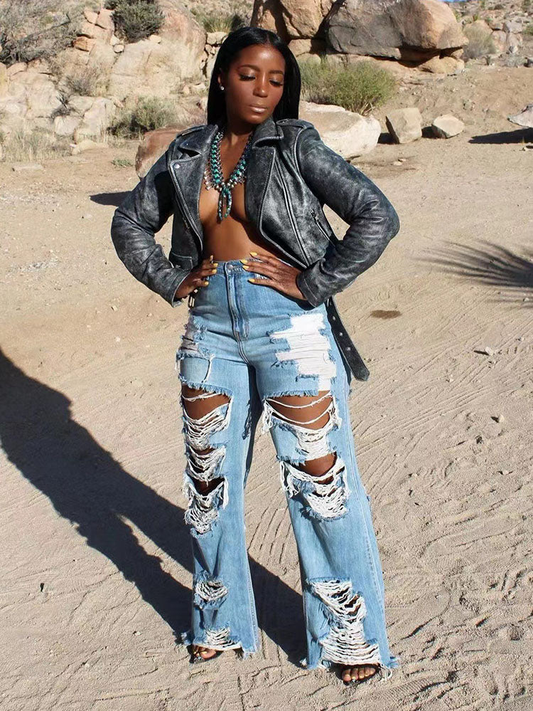 Ripped Distressed High Waist Raw Hem Wide Leg Jeans 3
