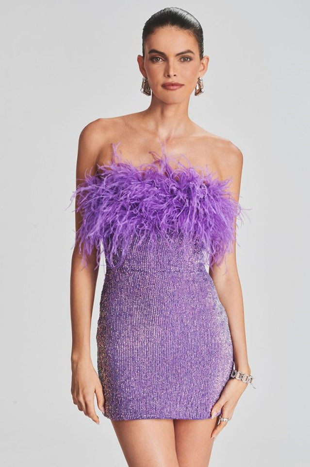 Strapless Feather Trim Sequin Bodycon Mini Party Dress
