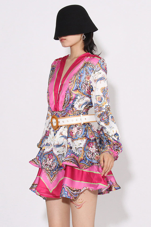 Paisley Print V-Neck Mini Dress With Belt