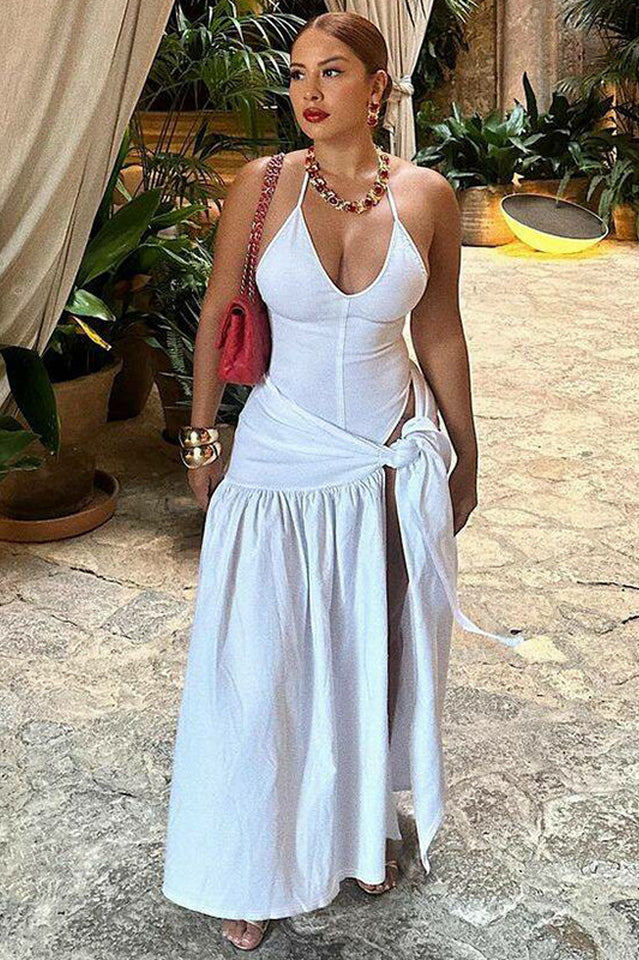 Halter Deep V-Neck Backless High Split Maxi Dress 4