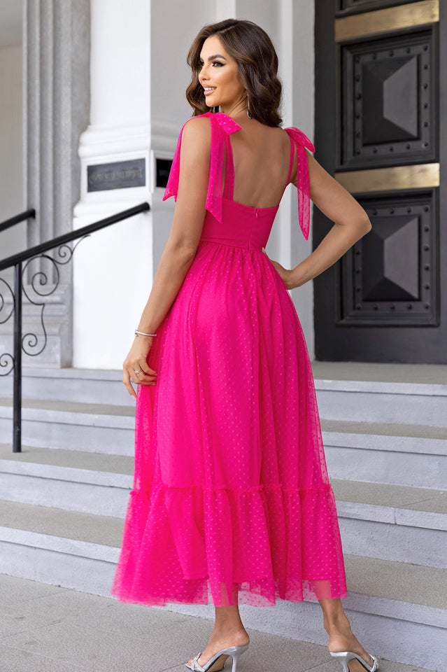 Tulle Swiss Dot Bustier Sweetheart Tie Shoulder Tiered Ruffle Maxi Dress