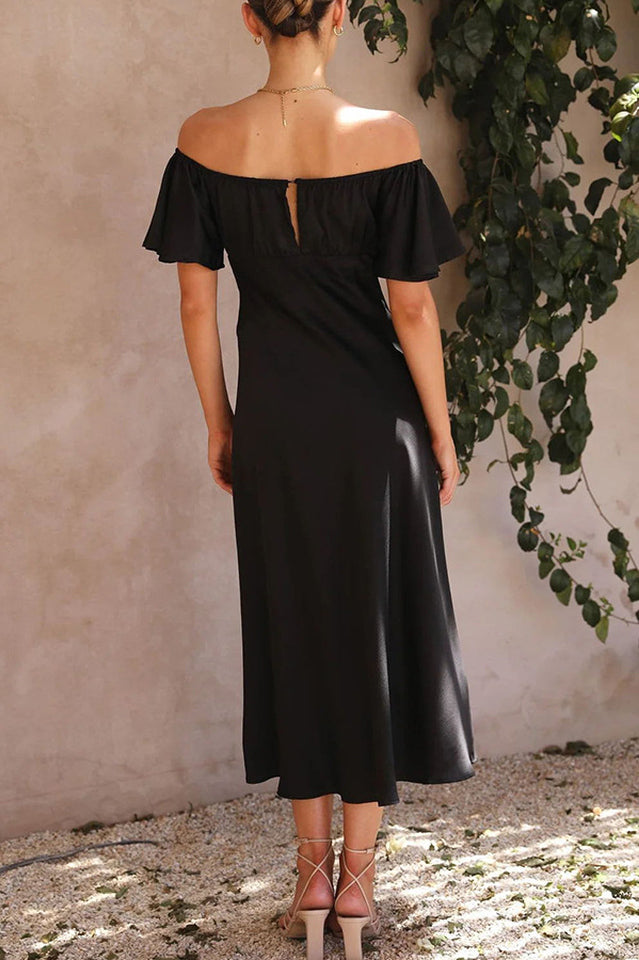 Satin Off Shoulder Puff Sleeve High Split Midi Dress 13