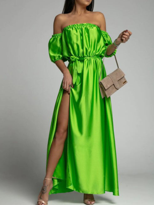 One Shoulder Short Sleeve Slit Dress
