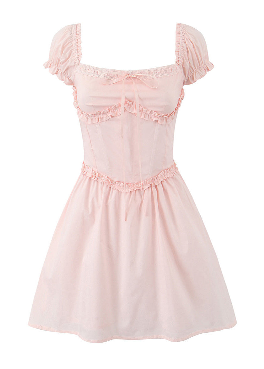 Off Shoulder Puff Sleeve Corset Ruffle Trim Fit and Flare Mini Dress
