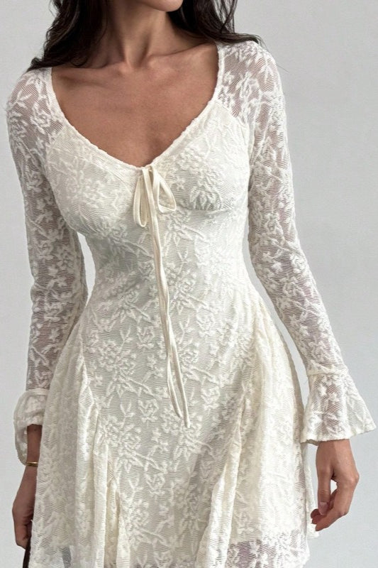 Lace Tie Front Ruched V-Neck Long Sleeve Bell Cuff Mini Dress