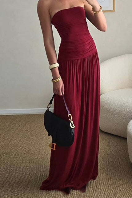 Strapless Ruched Flowy Maxi Formal Dress