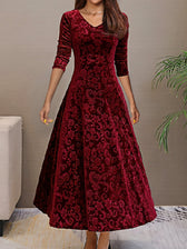 Floral Velvet V-Neck Long Sleeve Fit and Flare Midi Dress 3
