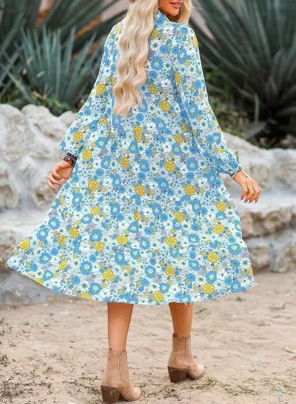 Floral Print Balloon Sleeve Midi Dress