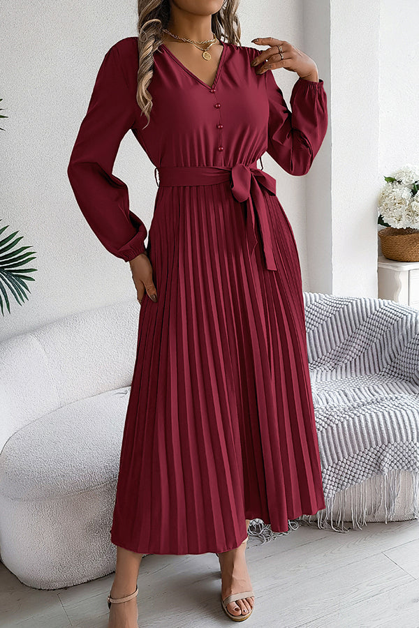 Solid Color Elegant V-neck Buttoned Lace-up Pleated Maxi Dress 27