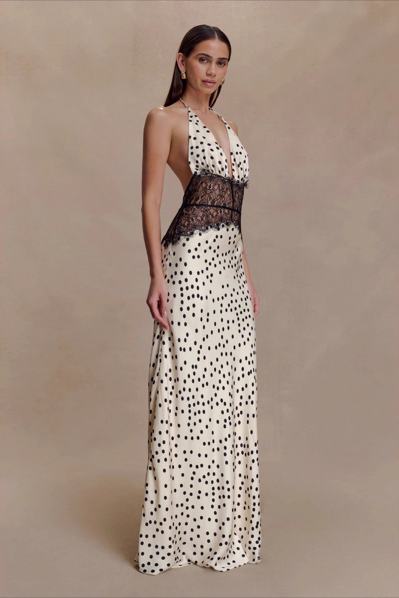 Polka Dot Lace Backless Waist Tie Maxi Lace Dress
