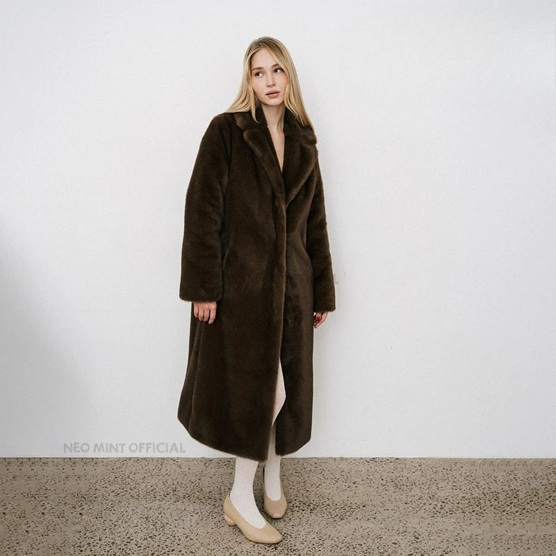 Lapel Collar Open Front Plush Faux Fur Longline Coat 2