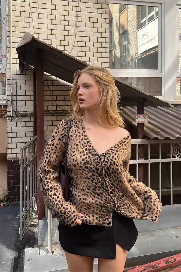 Leopard Mohair VNeck Knit Top