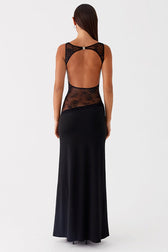 Sheer Lace Satin Panel Backless Fit Lace Dress