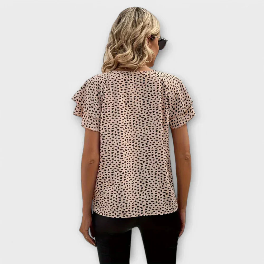 Round Neck Flutter Sleeve Spotted Print Top